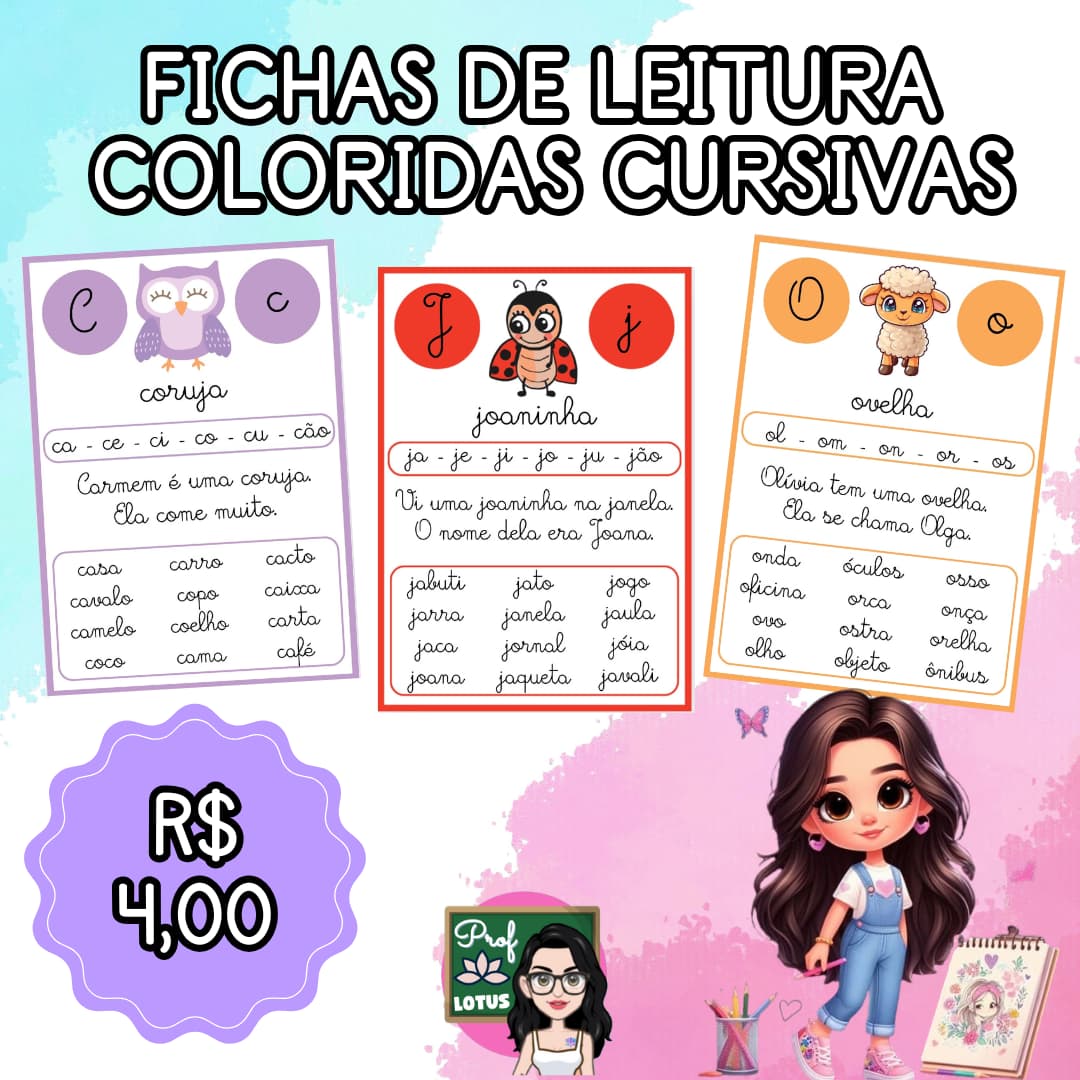 FICHAS DE LEITURA COLORIDAS CURSIVAS