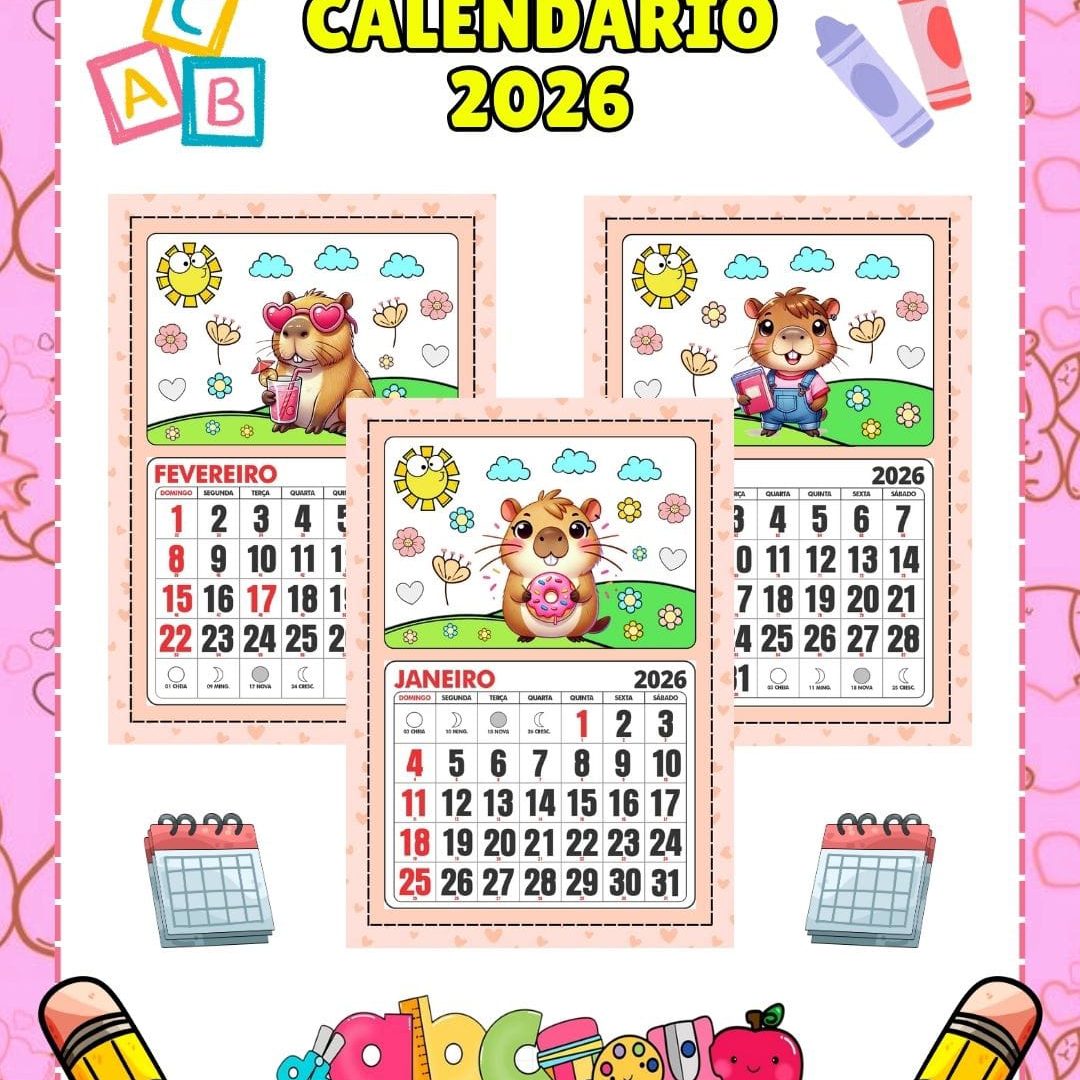 CALENDÁRIO MESES DO ANO 2026 CAPIVARAS FOFAS