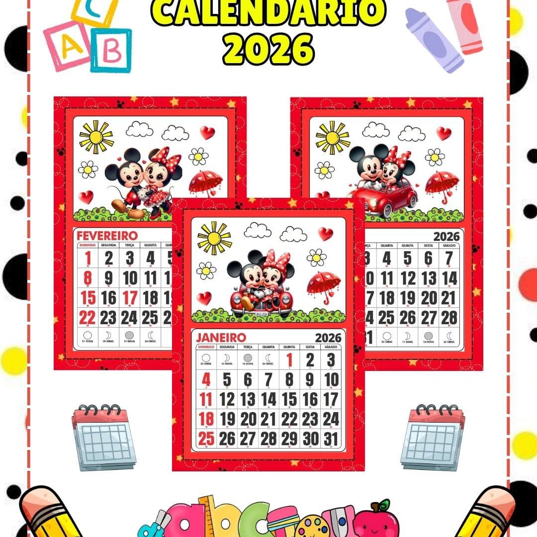 CALENDÁRIO MESES DO ANO 2026 MICKEY E MINNIE
