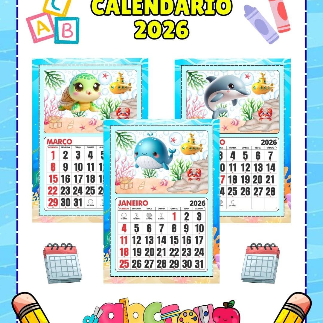CALENDÁRIO MESES DO ANO 2026 FUNDO DO MAR
