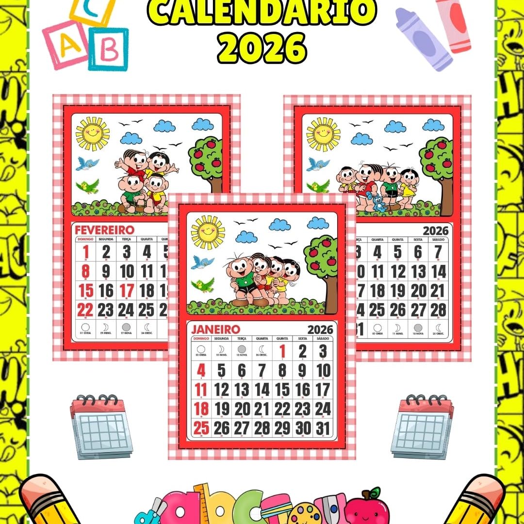 CALENDÁRIO MESES DO ANO 2026 TURMA DA MÔNICA